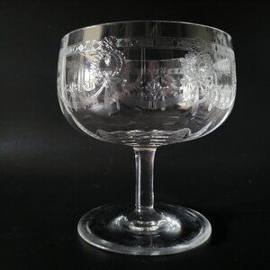 Antique Etched Glass Pedestal Compote With Ornate Floral & Garland Design